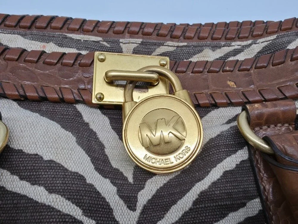 Michael Kors Hamilton Whipped Zebra Canvas Satchel Bag Brown Croc Leather Gold